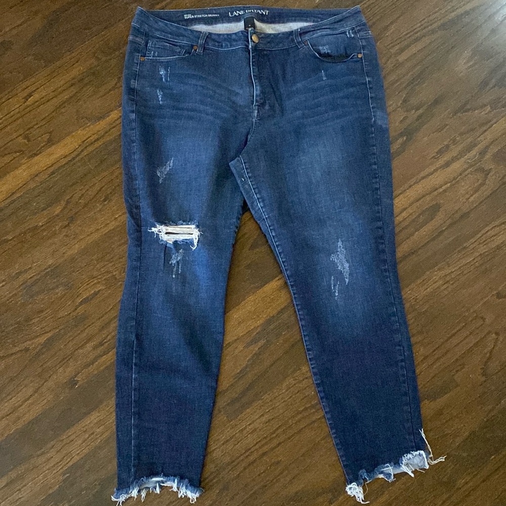 Lane Bryant mid rise super stretch skinny‎ distressed denim jeans in dark wash